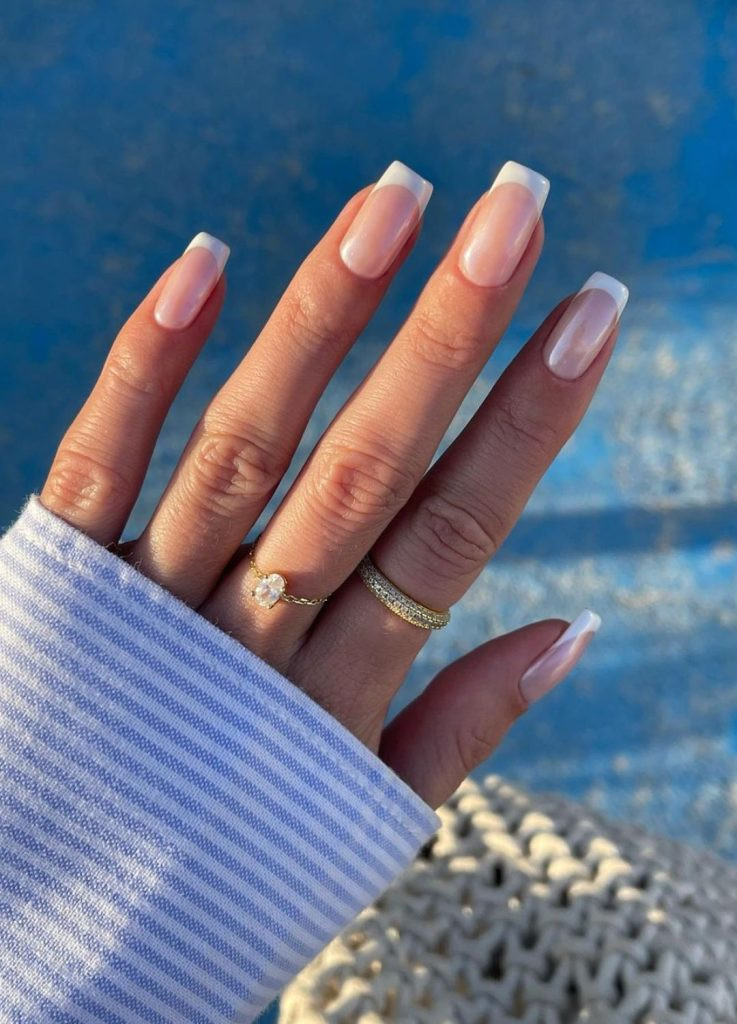 Classic french manicure old money nails on square shaped nails, crisp white tips and nude base.