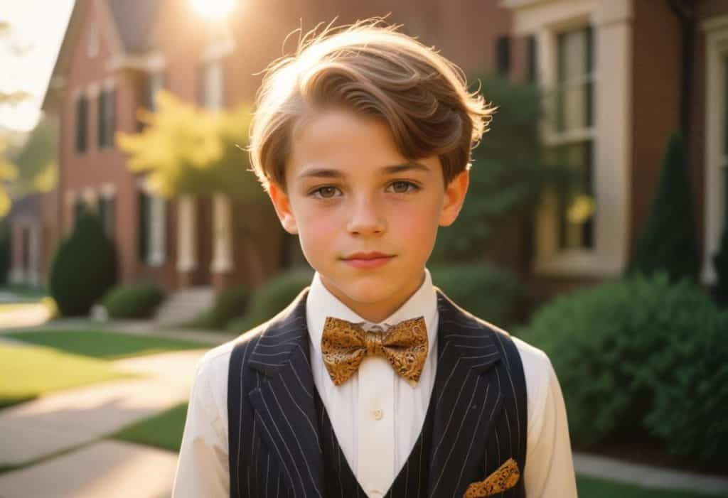 Boy dressed in a suit in front of a grand house exemplifying old money style and affluence