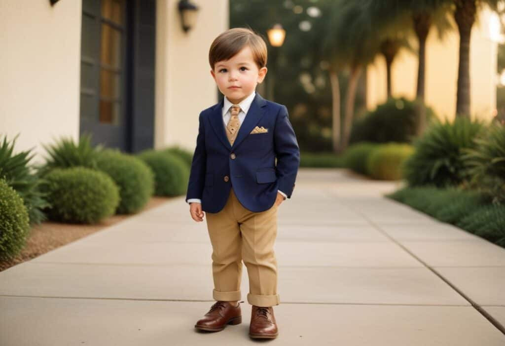 A toddler boy dressed in a suit in front of a grand estate showcasing old money style