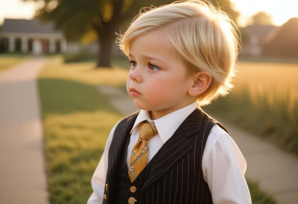 A toddler boy in a suit in front of a stately home radiating old money charm