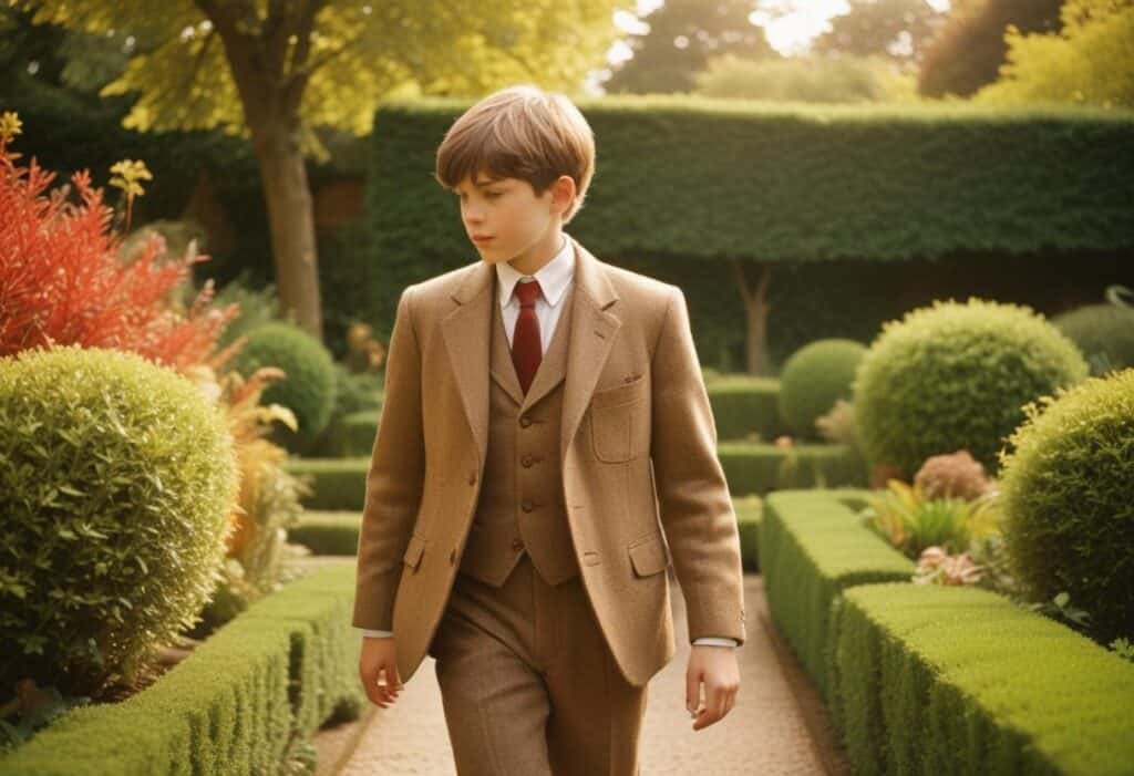 A well dressed boy in a suit walking outside in a formal garden demonstrating old money fashion