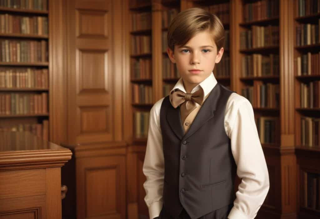 A well-groomed boy in a suit in a library embodying the classic old money aesthetic