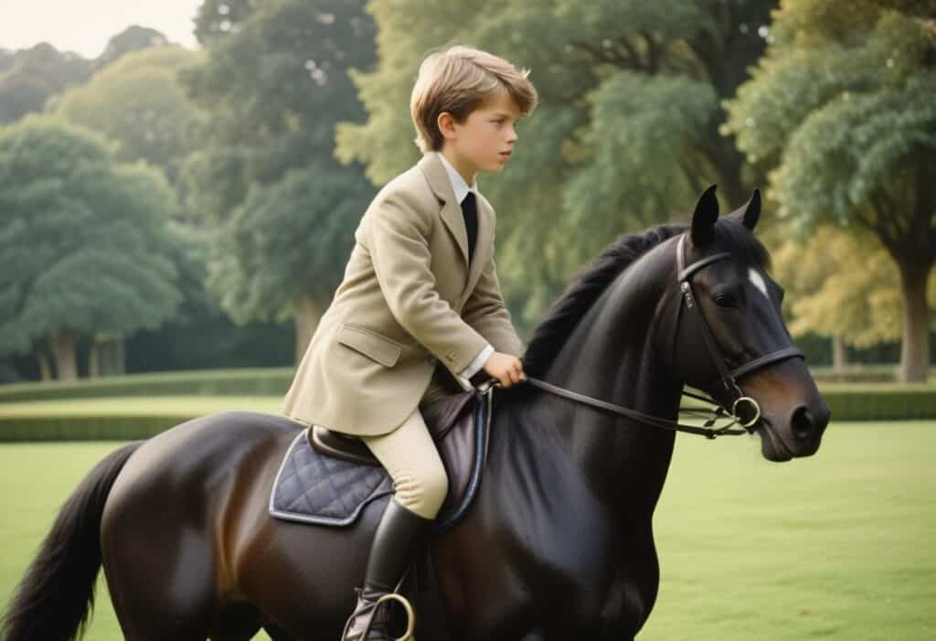 A young boy riding a horse embodying the equestrian elegance associated with old money