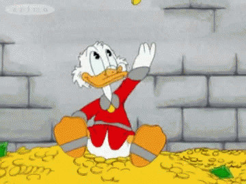 Another animated GIF of Scrooge McDuck swimming in gold coins, reinforcing the image of abundant wealth and joy.