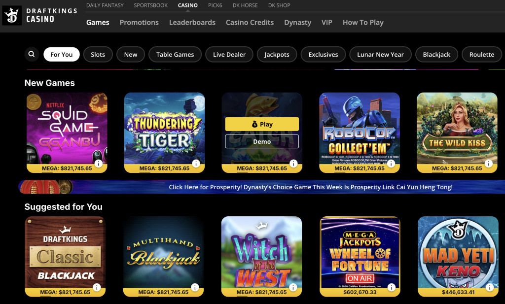 Screenshot of DraftKings casino slot lobby 