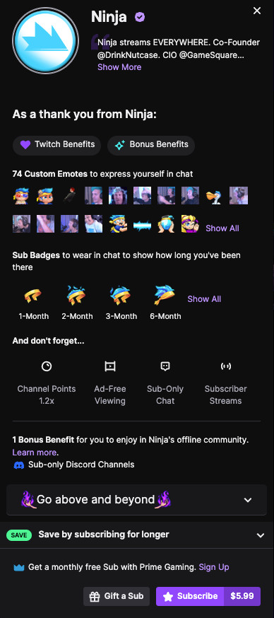 Screenshot of Ninja's Twitch subscription options