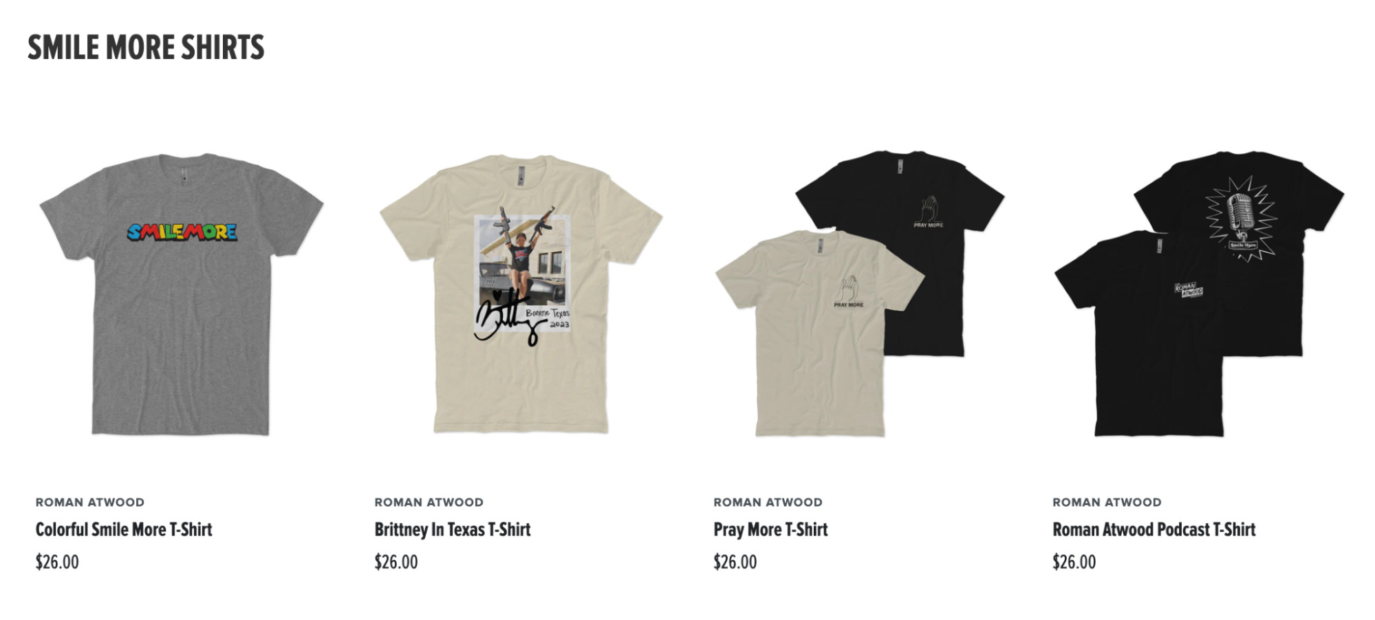 T-shirts displayed on a website category page, illustrating merchandise sales for creators