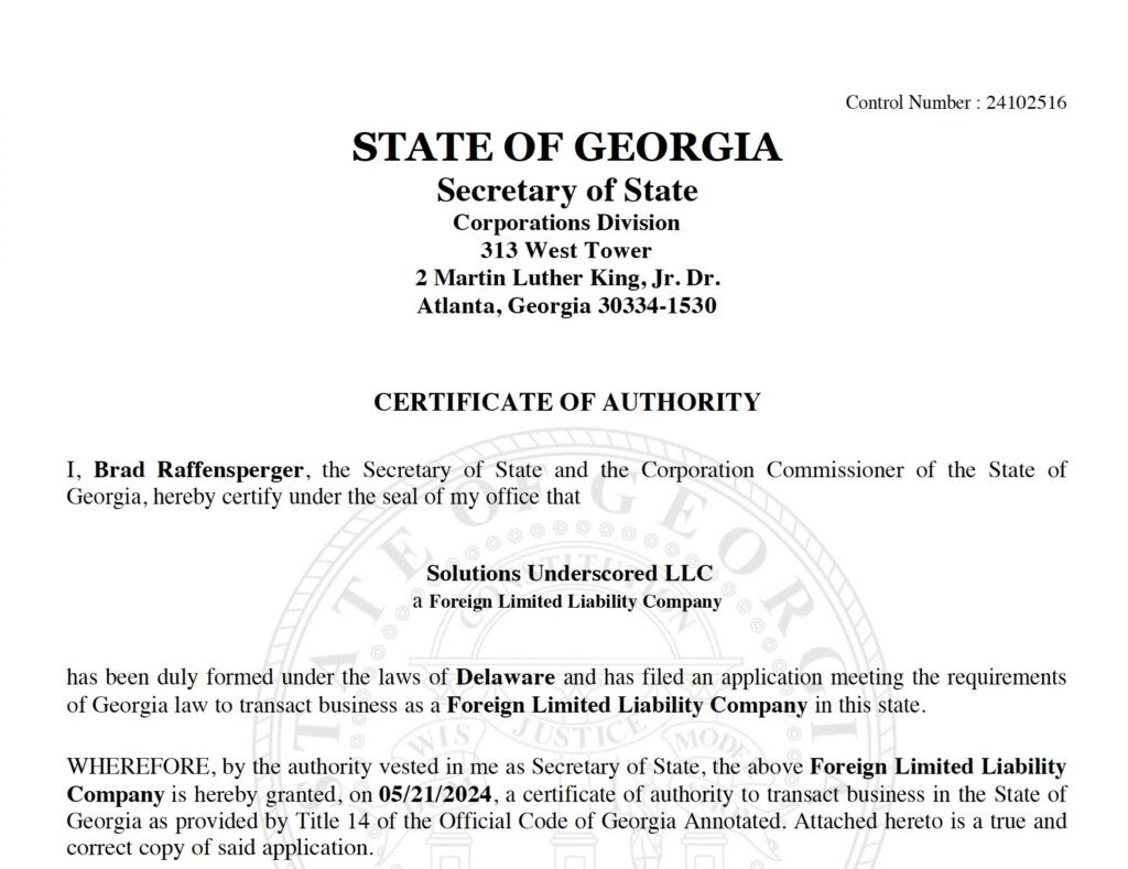 Business registration document showing Thomas Callahan as manager of Solutions Underscored LLC.