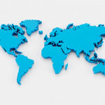 Three-dimensional world map in blue on a white background.