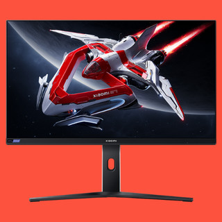 Xiaomi G Pro 27i gaming monitor on a red background