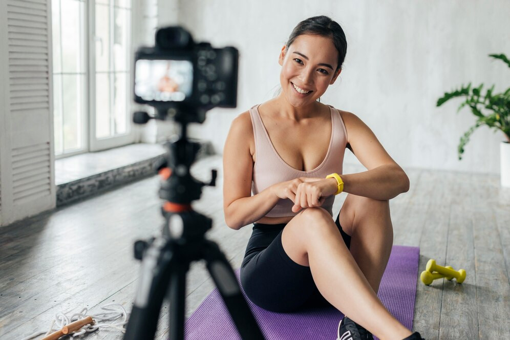 A smiling personal trainer recording a training session. Source: Freepik