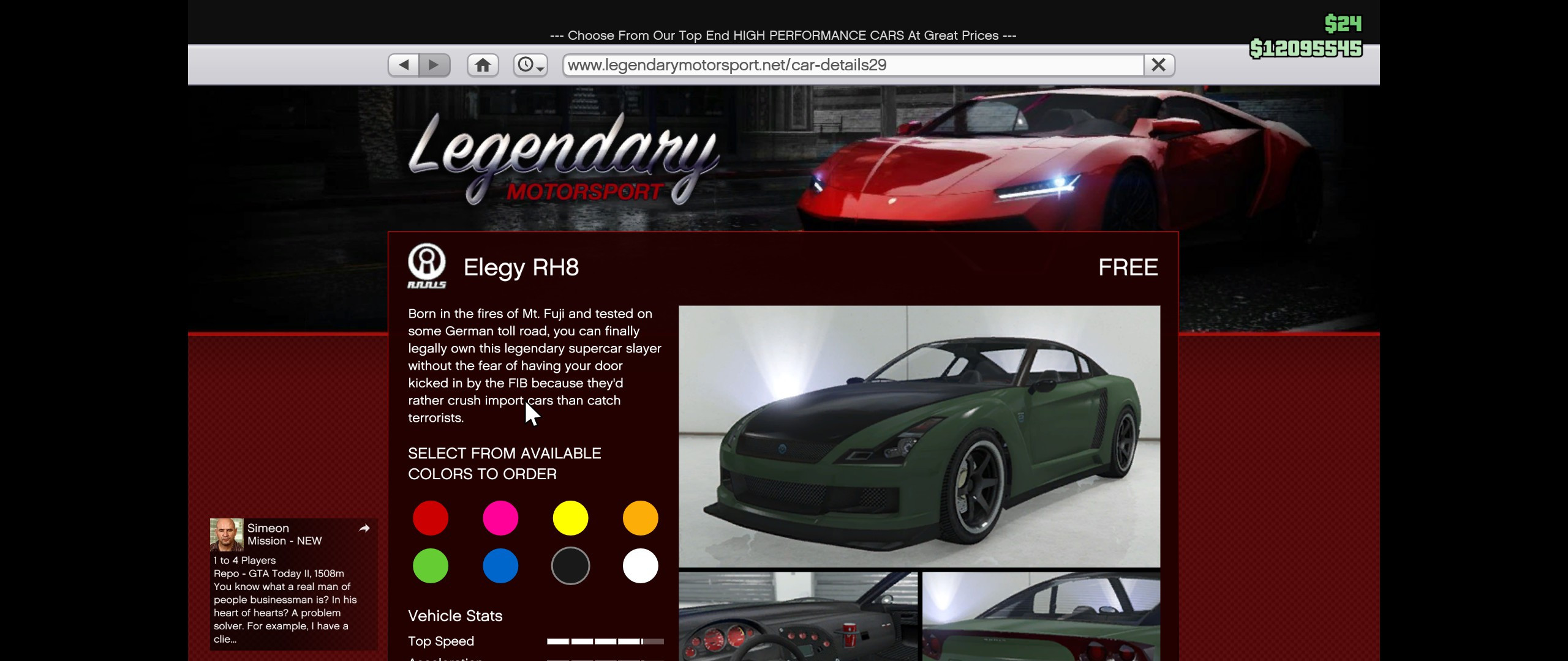 Character claiming the free Elegy RH8 sports car from the Legendary Motorsport website after linking their Social Club account