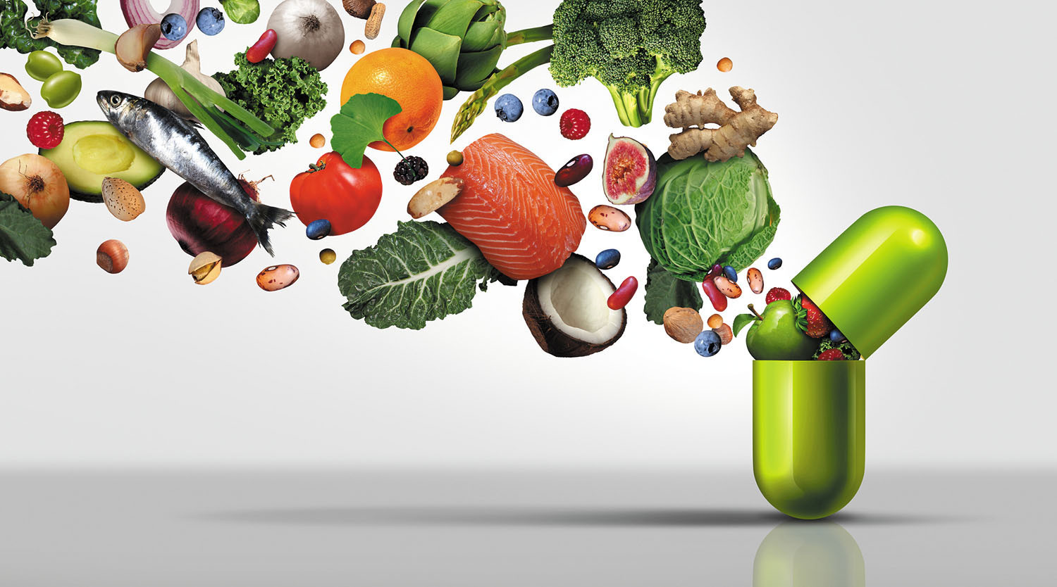 Supplement capsule open with fruits and vegetables emerging, vitamins and minerals, micronutrient