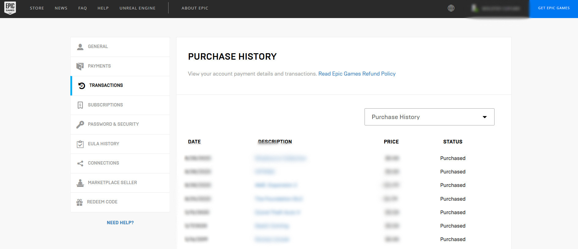 Purchase History Screen