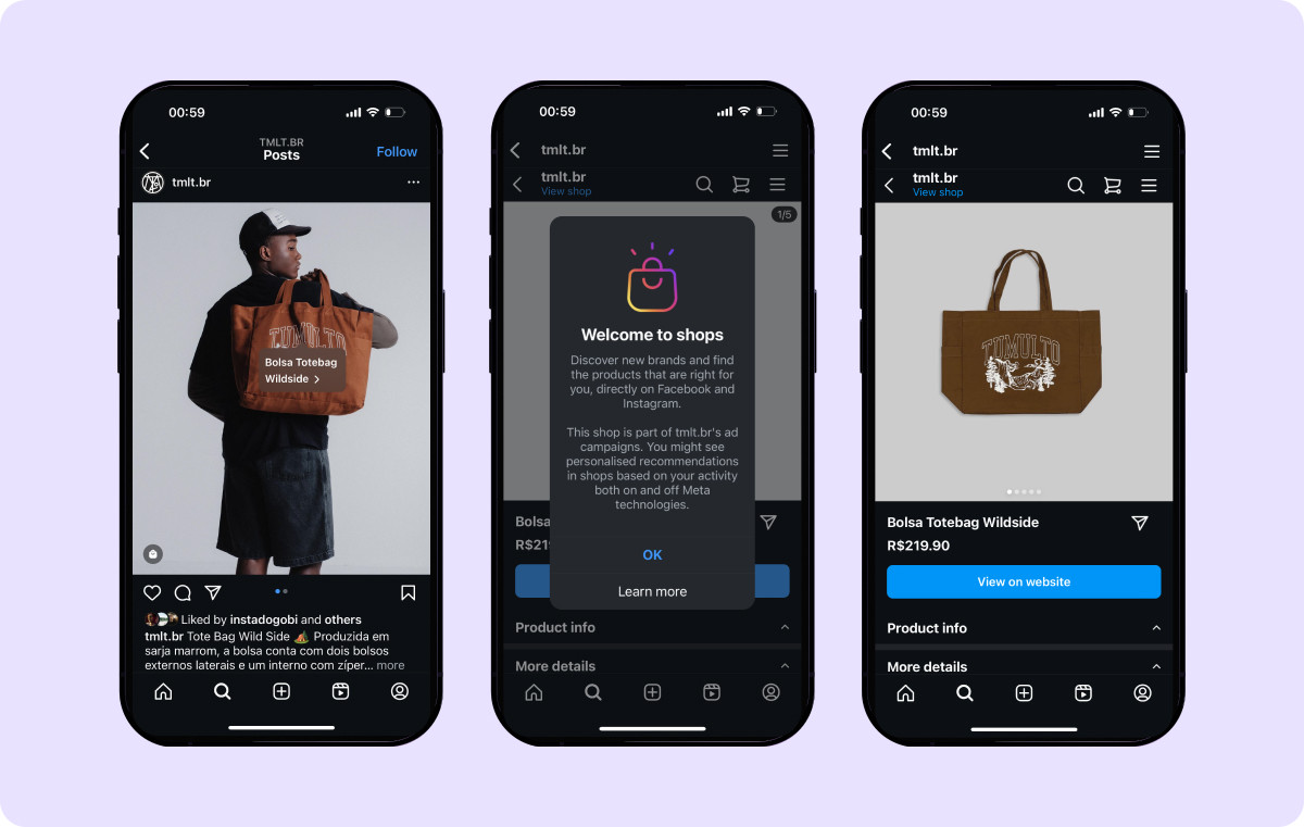 Graphic design showing how Instagram offers various monetization options on mobile phones, including shopping, subscriptions, and ads