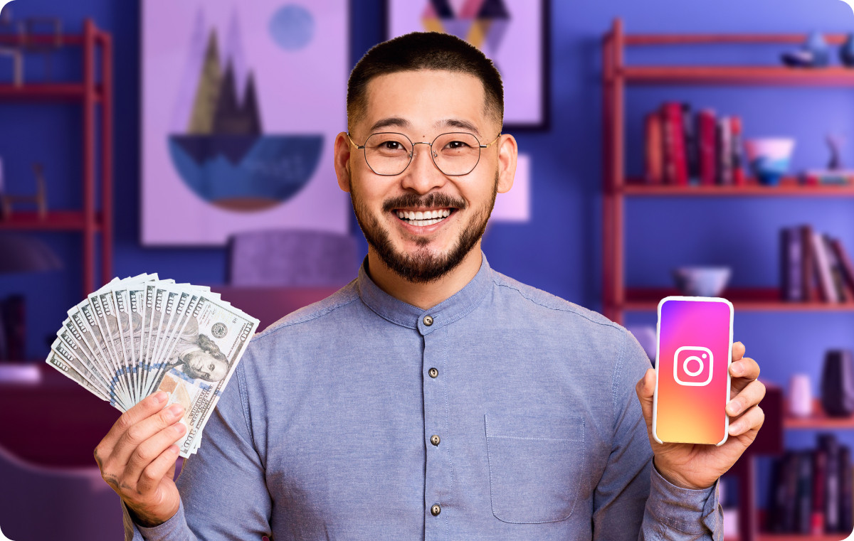 Image displaying a content creator holding money while using a phone with the Instagram logo