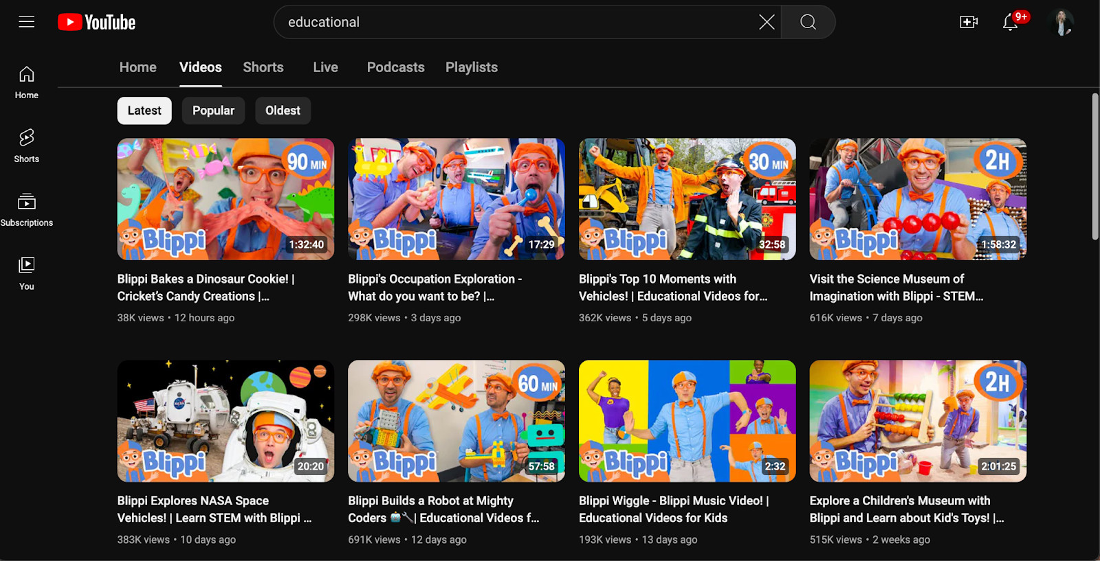Blippi's YouTube channel for kids earning between K and 0K per month
