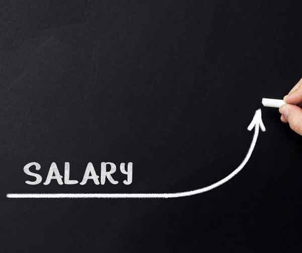 A chalkboard displaying the word Salary and an upward trending arrow, signifying potential wage growth