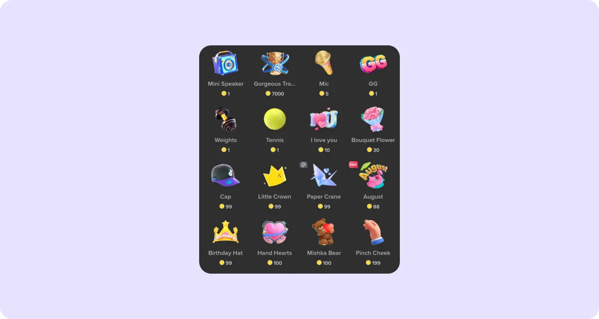 TikTok gifts showcase a variety of digital items, from simple roses to elaborate animations, each representing a different coin value, enabling viewers to express support in diverse ways.