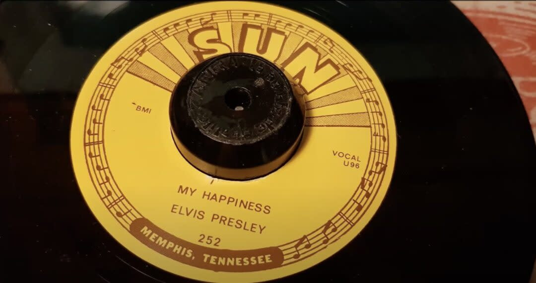A screenshot from YouTube showing Elvis Presley's first recording, 'My Happiness,' emphasizing its historical importance and value.