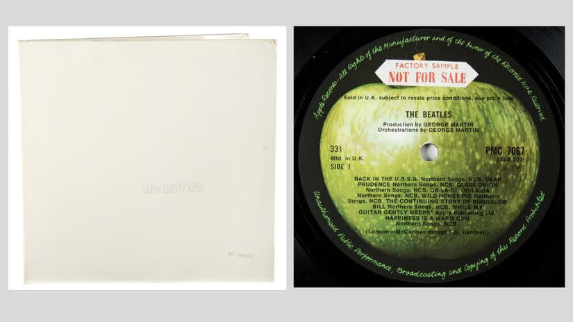 A close-up of the white album cover signed by the Beatles, emphasizing its historical significance and high auction value.