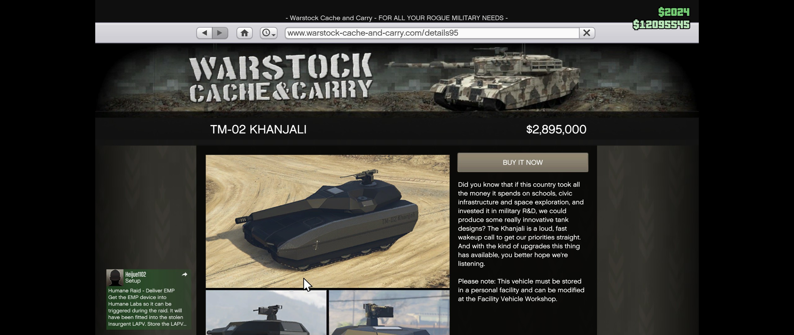Character using a Rhino Tank to defend their business from being raided, showcasing its durability and offensive capabilities