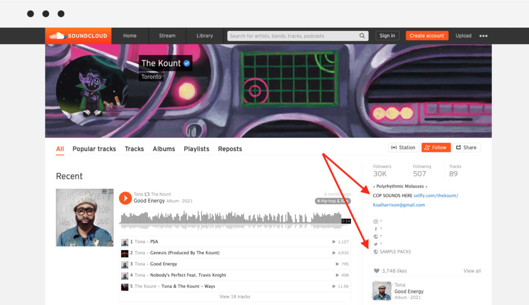 The Kount using SoundCloud to promote his drumkits and remixes on Sellfy