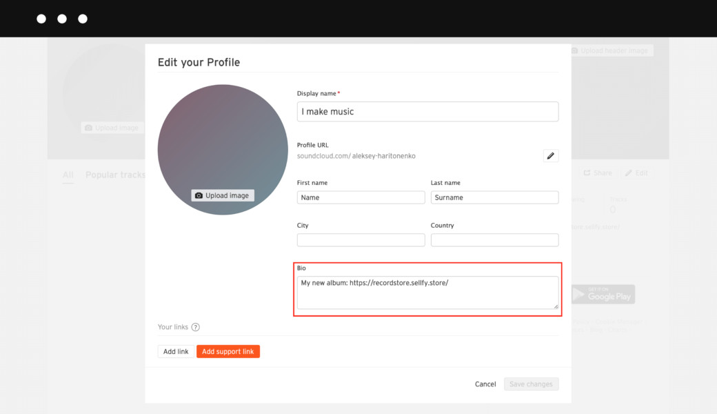 Adding a link to your Sellfy store in your SoundCloud bio