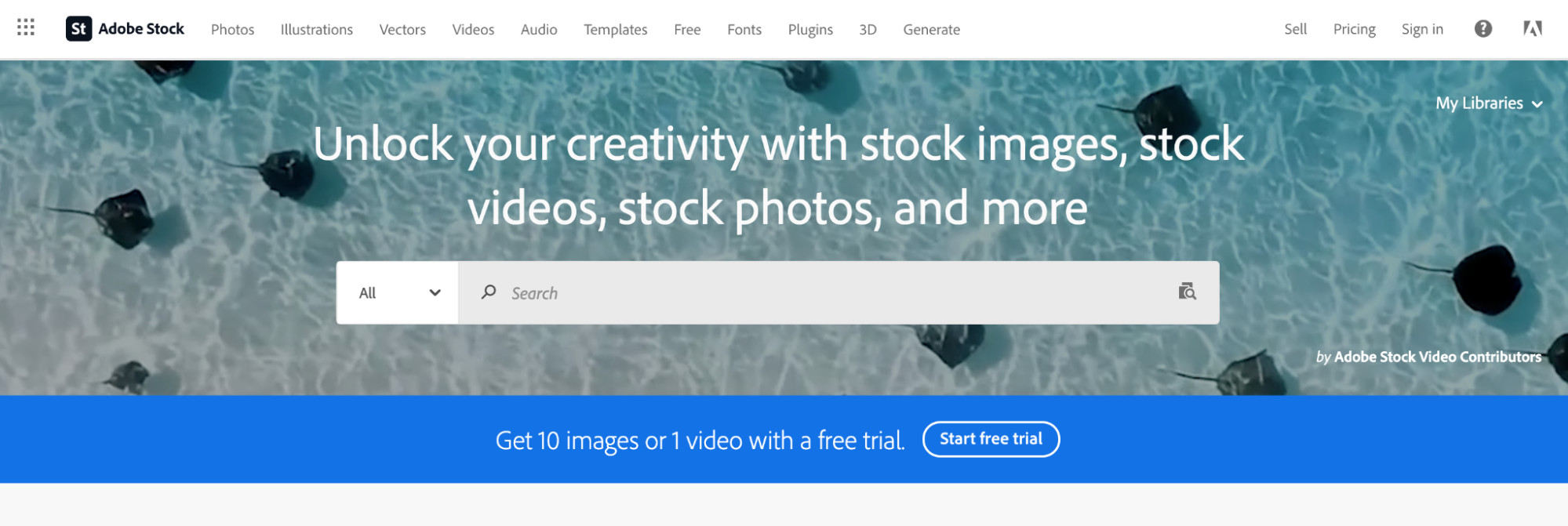 Adobe Stock homepage showing a search bar against a photo of sting rays in the ocean