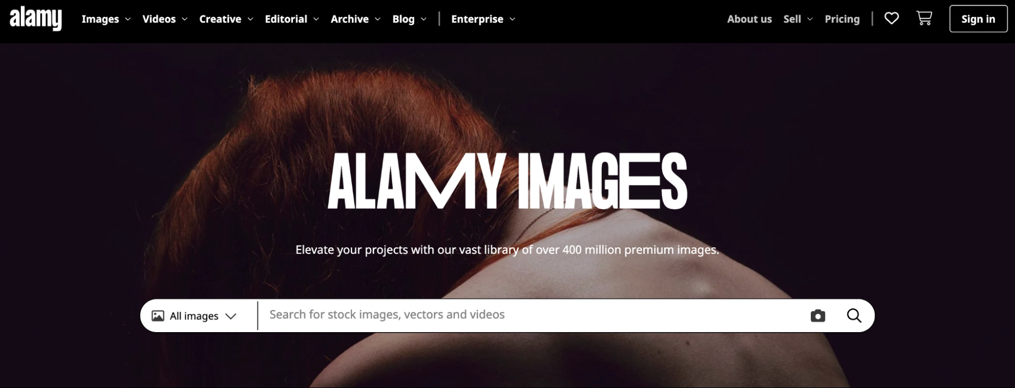 Alamy Images homepage showing a search bar for people to find royalty-free images