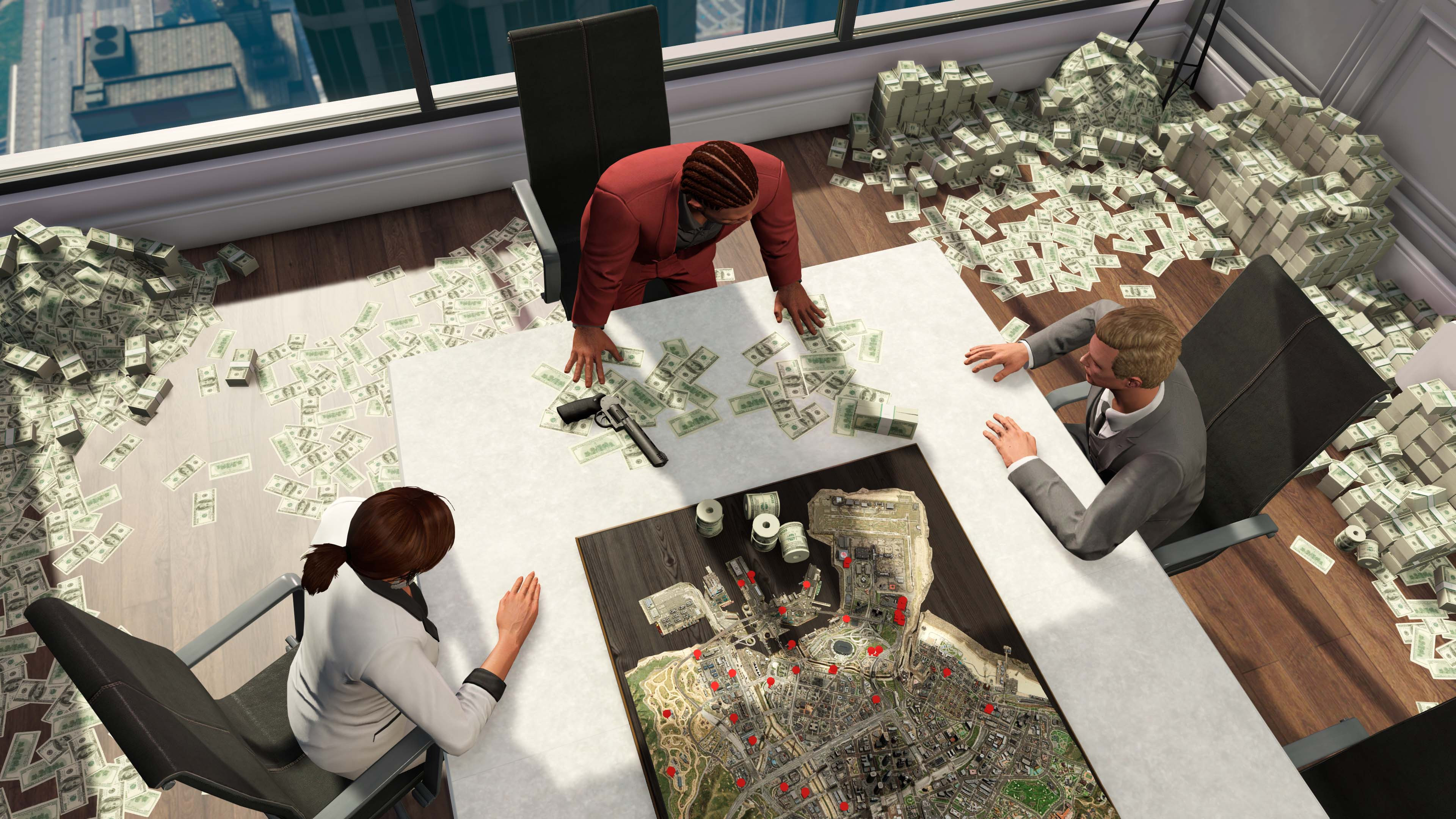 GTA Online executives around a table surrounded by cash, symbolizing financial success