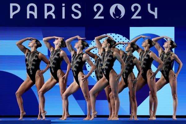 Members of Team United States compete in the Team Technical Routine on day ten of the Olympic Games Paris 2024 at Aquatics Centre on August 05, 2024 in Paris, France.
