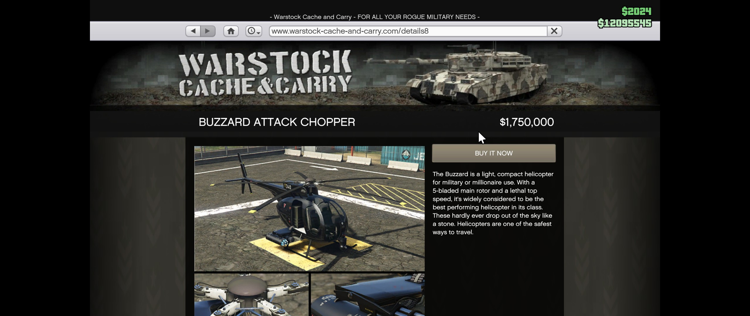 Character flying a Buzzard attack chopper, showcasing its speed and firepower for completing missions