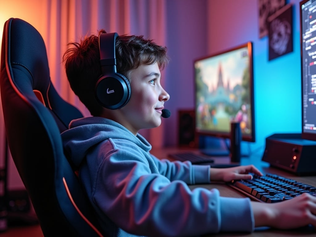 A teenage boy sitting in a gaming chair with headphones on, streaming a live video game session. 