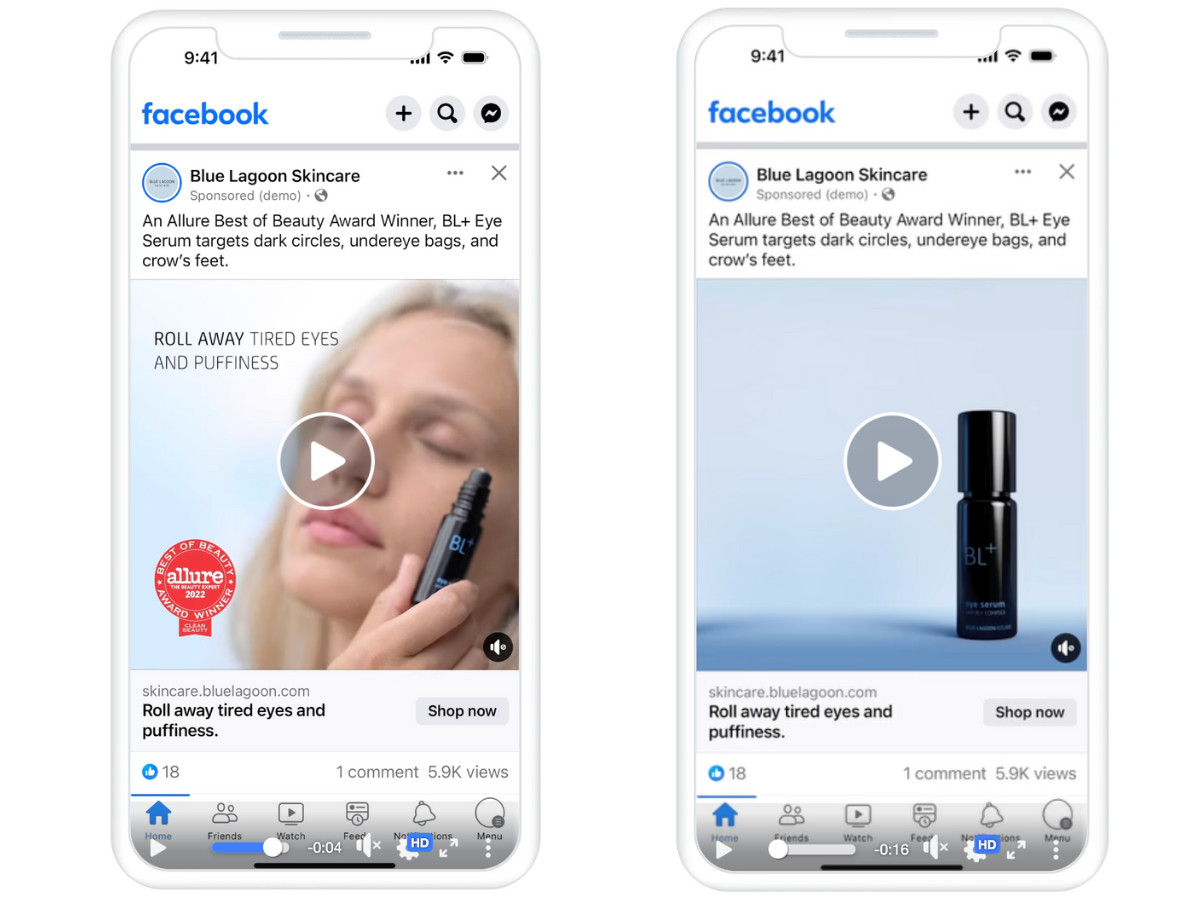 Two screenshots of a Facebook Shop ad for Blue Lagoon Skincare
