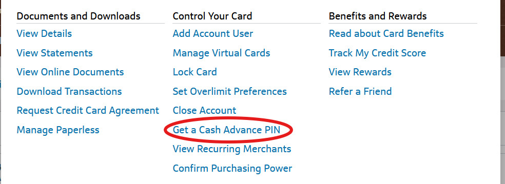 Screenshot of Capital One website with the Get a Cash Advance Pin option selected