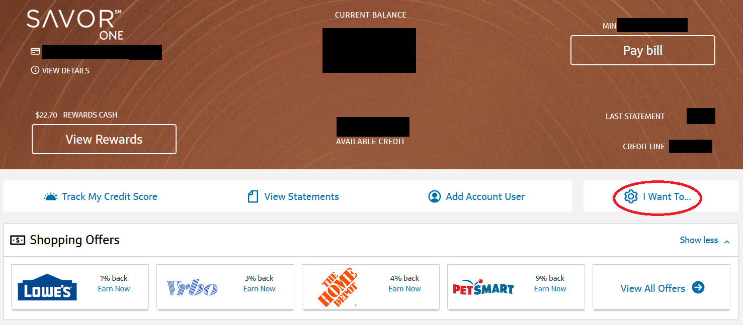 Screenshot of Capital One account showing the gear icon menu
