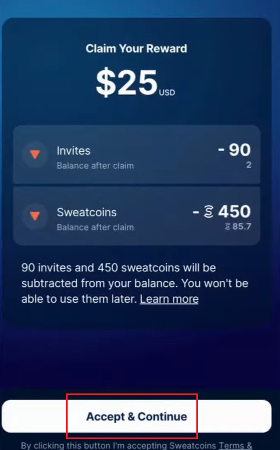 Claim Sweatcoin Reward screen with option to accept and continue