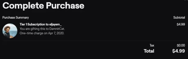 Completing the purchase process for gifted subs on Twitch, including adding a payment method and confirming the transaction