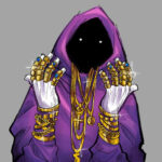 Simplistic drawing of a wizard dressed in a purple robe and wearing jewelry