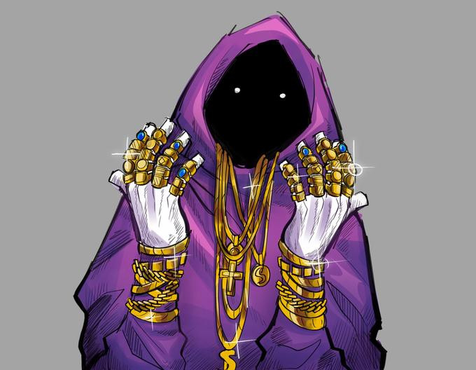 Simplistic drawing of a wizard dressed in a purple robe and wearing jewelry