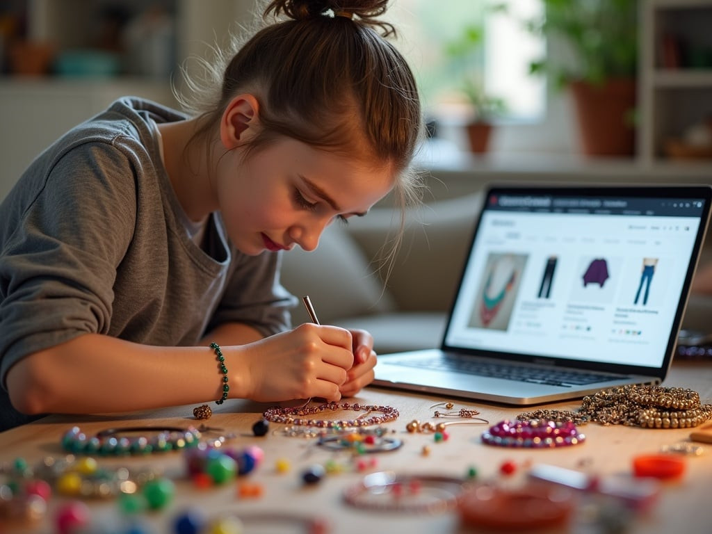 A teenager making crafts to sell online