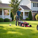 A teenage boy mowing the lawns
