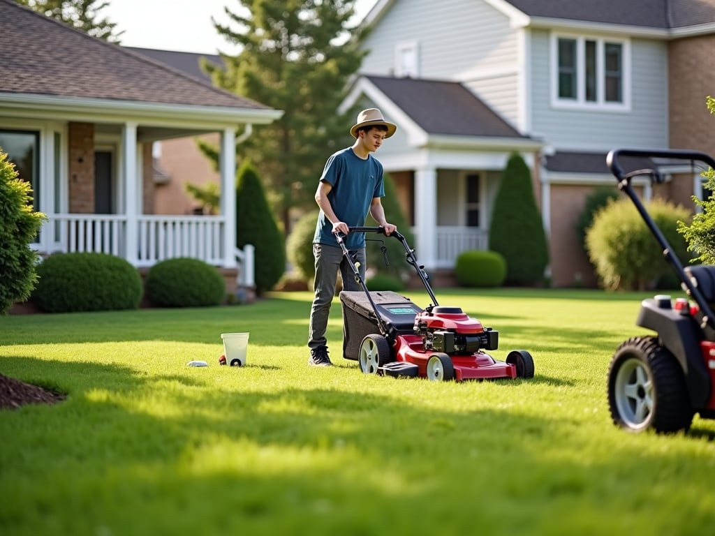 A teenage boy mowing the lawns