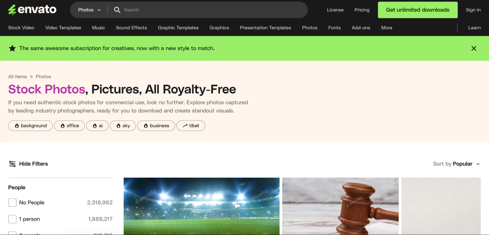 Landing page for stock photos on Envato Market