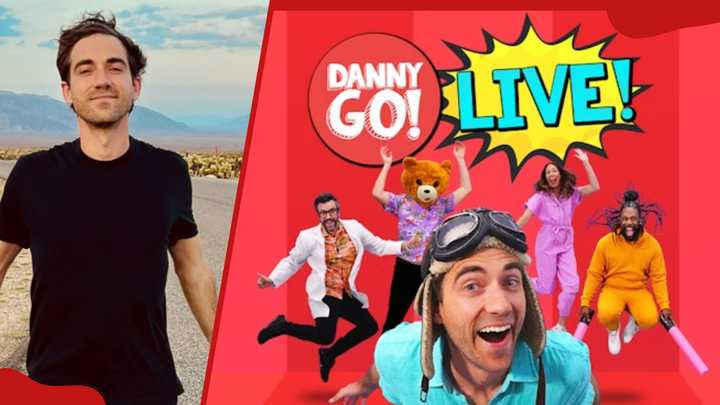 Danny Go posing for the camera and a poster of Danny Go Show