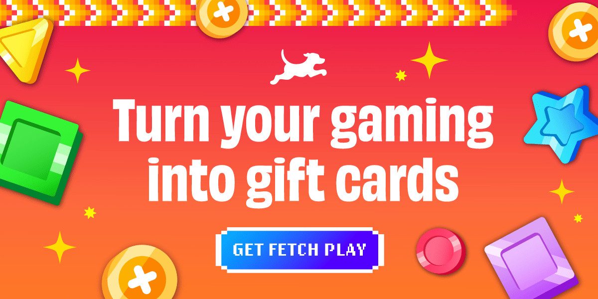 Text reading, Turn your gaming into gift cards. Get Fetch Play, surrounded by gaming imagery