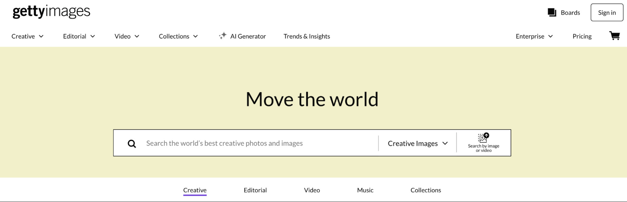 Getty Images’ homepage with a search bar that helps people find photos and images