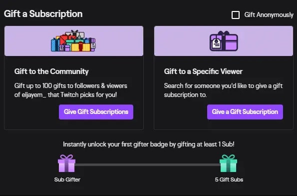 Options for gifting subs on Twitch, including gifting to a specific user or the community, and the option to gift anonymously
