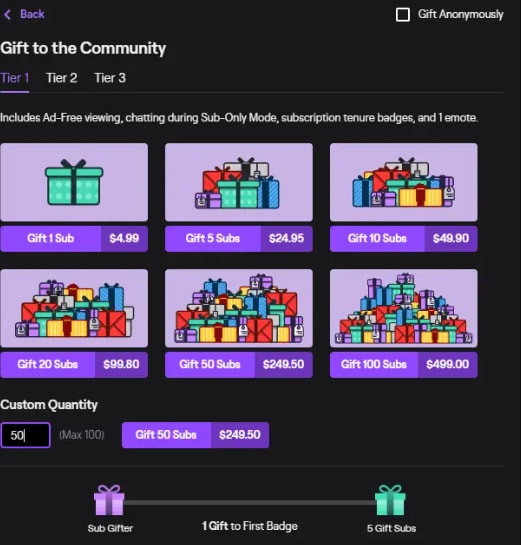 Options for gifting subs to a community, allowing you to select the number of gifts and the tier you want